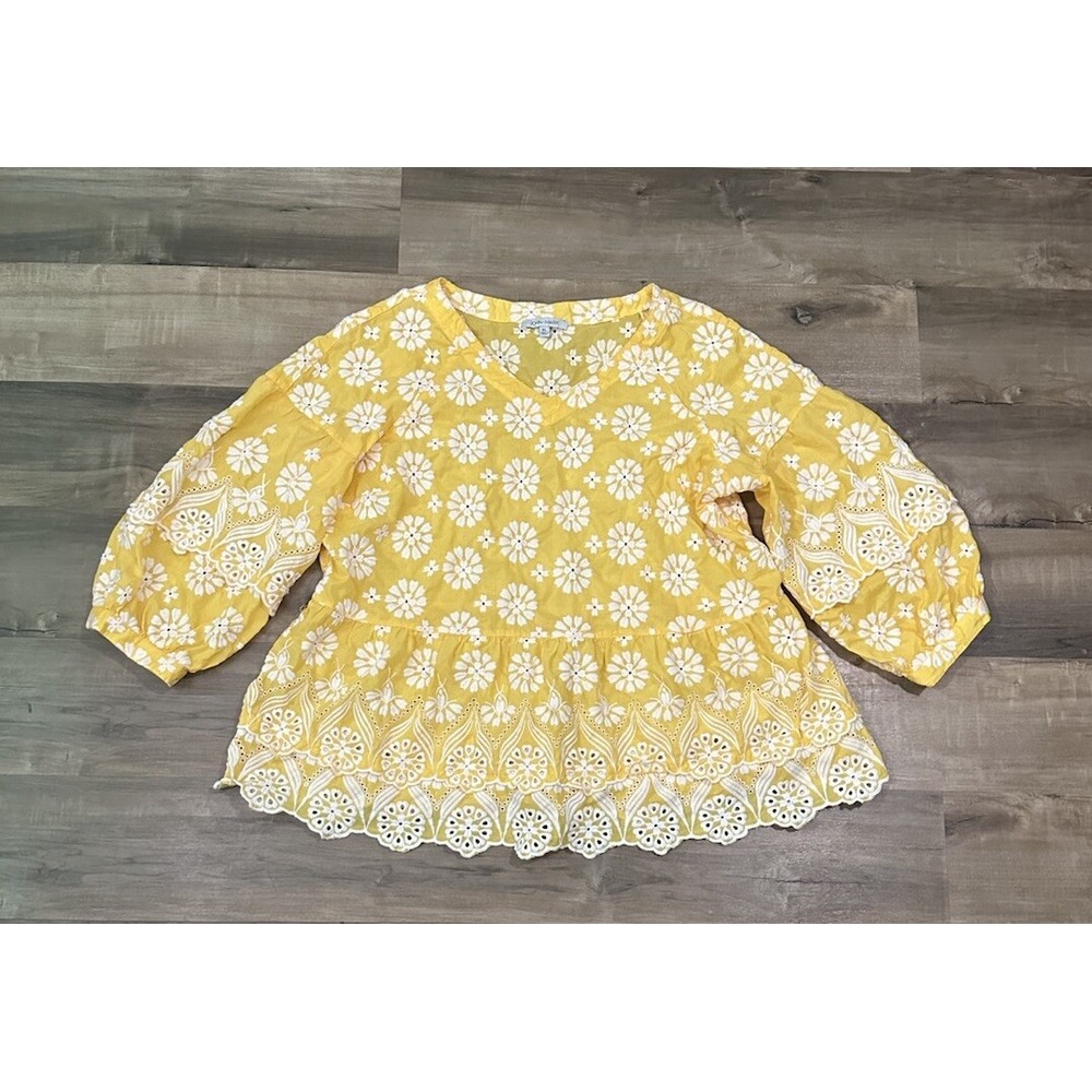 John Mark Top Women XL Yellow Floral Embroidered Blouse Puff Sleeve Ruffle